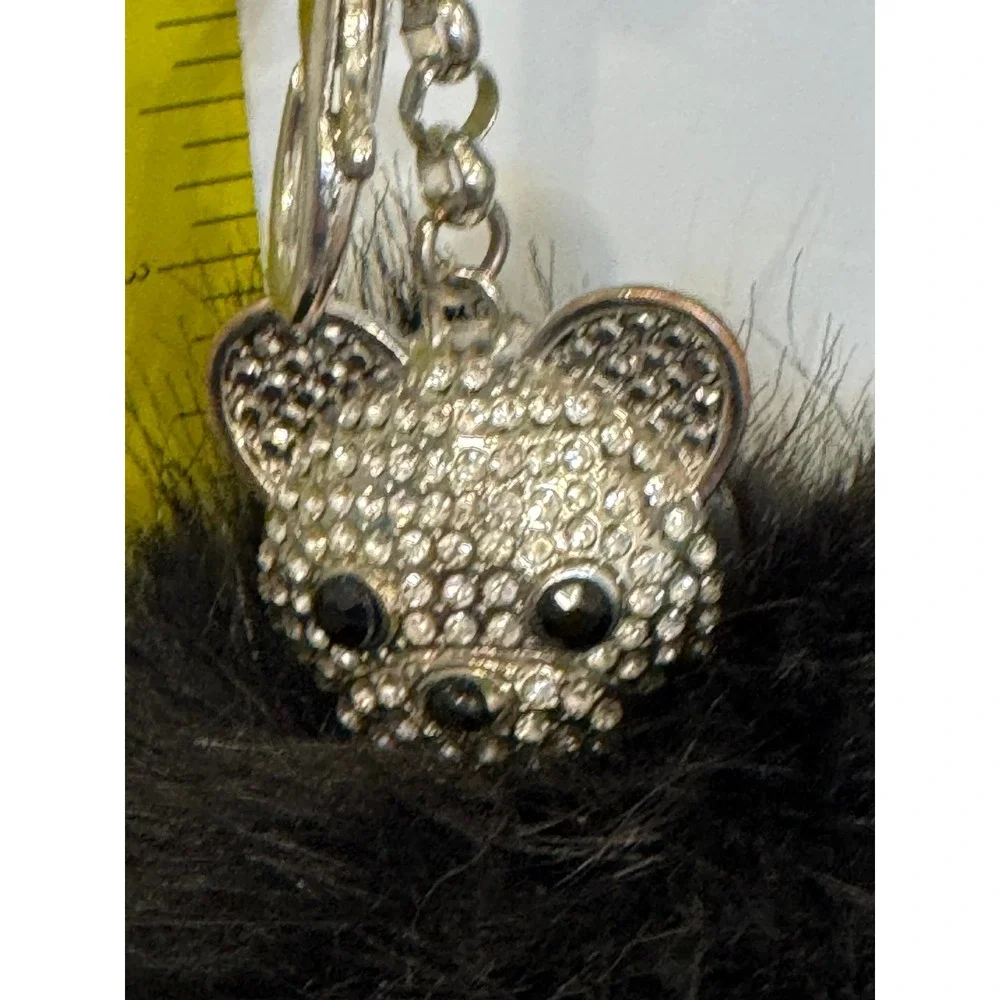 Black Faux Fur Pom Pom Bear Keychain Rhinestone Bag Charm Silver Tone Star Back